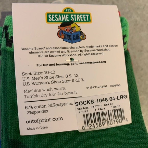 SESAME STREET ANKLE SOCKS 10-13 4 PAIR 4-PACK - Picture 4 of 6